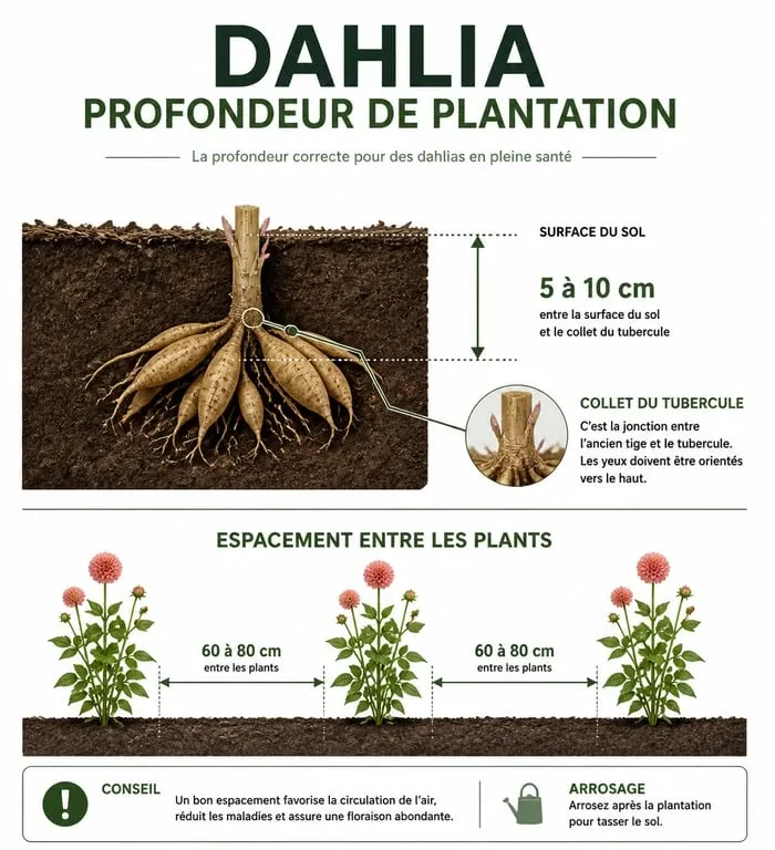 Schéma illustrant la profondeur et l'espacement pour planter les dahlias en pleine terre