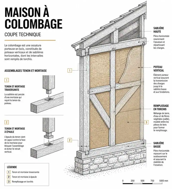 Schéma technique d'une maison à colombage montrant l'assemblage tenon et mortaise