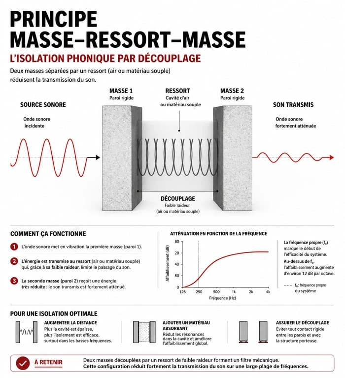 Schéma explicatif du principe masse-ressort-masse pour choisir le meilleur isolant phonique