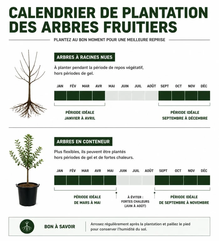 Calendrier de plantation des arbres fruitiers selon le type de racines nues ou conteneur