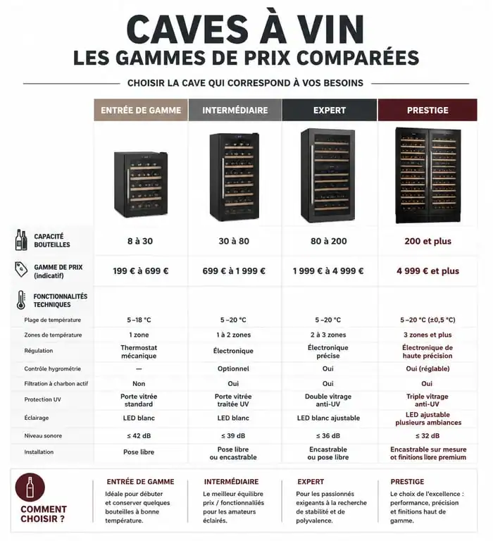Infographie comparative des prix des caves à vin selon la gamme et les fonctionnalités