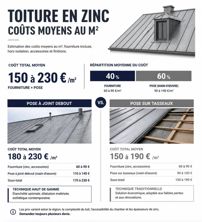 Infographie des prix au m² pour une toiture en zinc : comparaison des coûts de pose et fourniture.