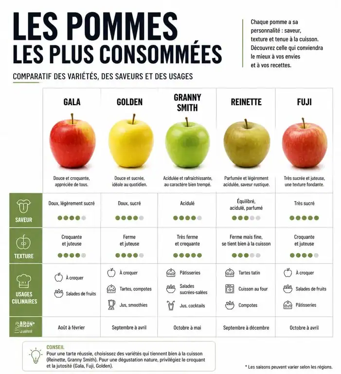 Tableau comparatif des variétés de pommes les plus consommées et leurs usages en cuisine