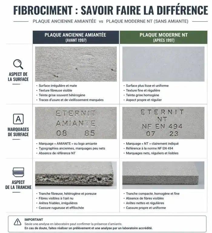 Comparaison visuelle entre toiture éverite amiantée et plaque fibrociment NT moderne