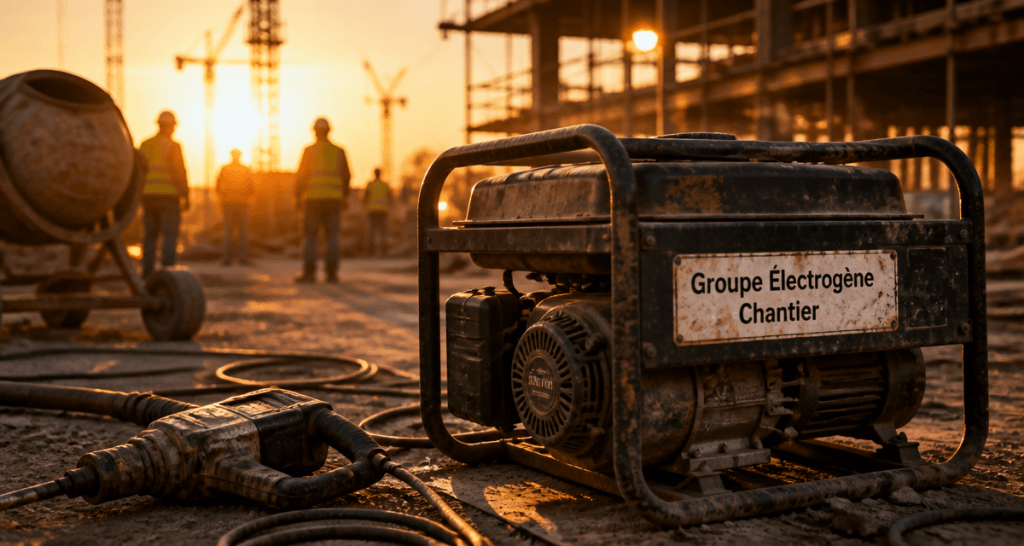 groupe electrogene chantier sur chantier au lever du soleil