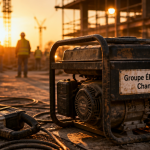 groupe electrogene chantier sur chantier au lever du soleil