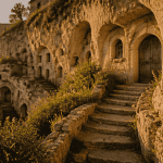 habitat troglodytique façades creusées dans la roche au soleil