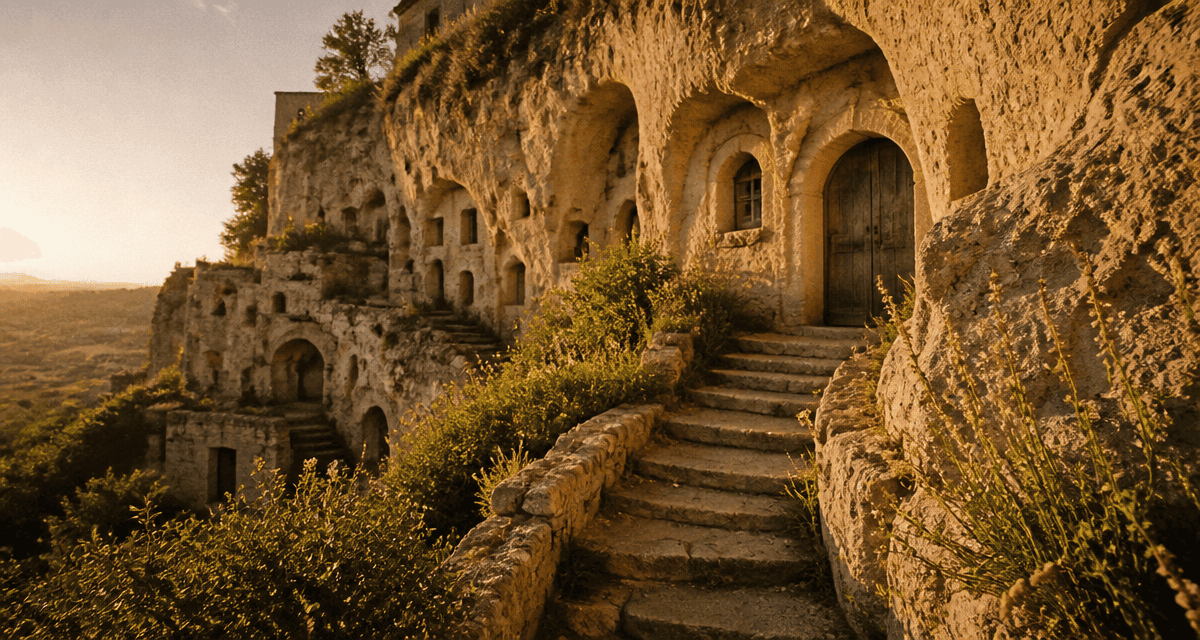 habitat troglodytique façades creusées dans la roche au soleil