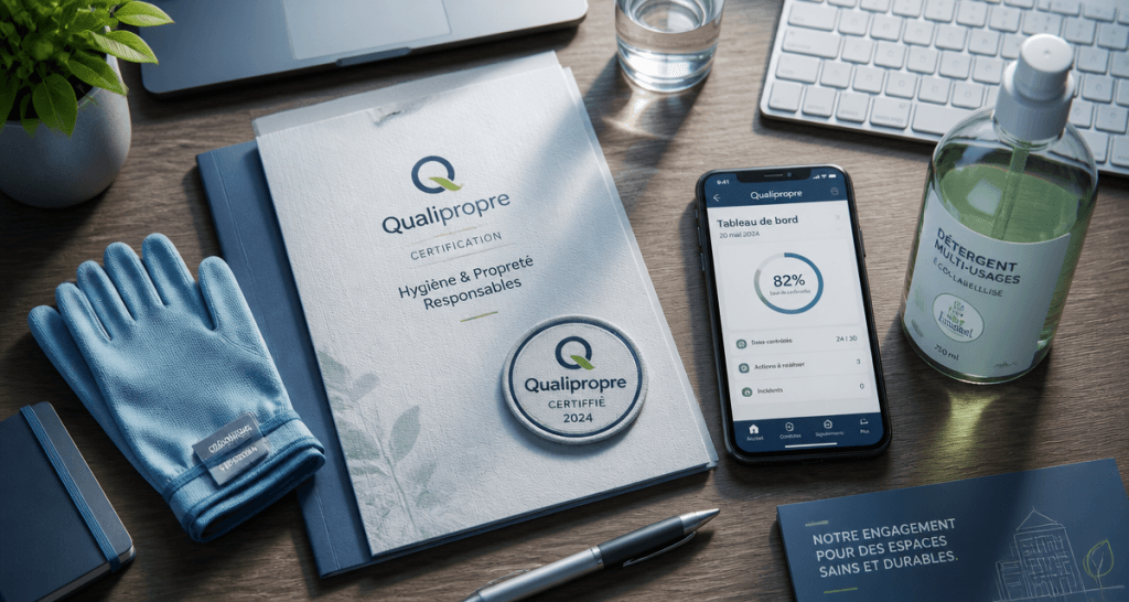 meilleur entreprise de nettoyage 2026 badge Qualipropre sur bureau moderne