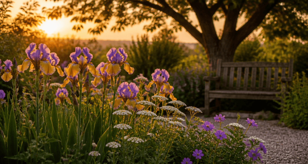 Que mettre au pied des iris massif fleuri géraniums achillées