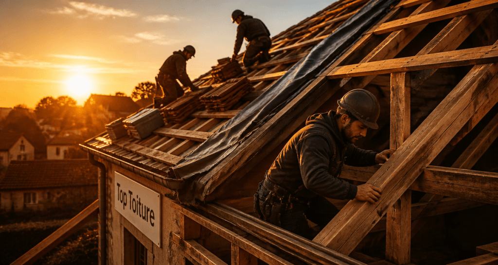Top Toiture équipe couvreurs inspecte toit
