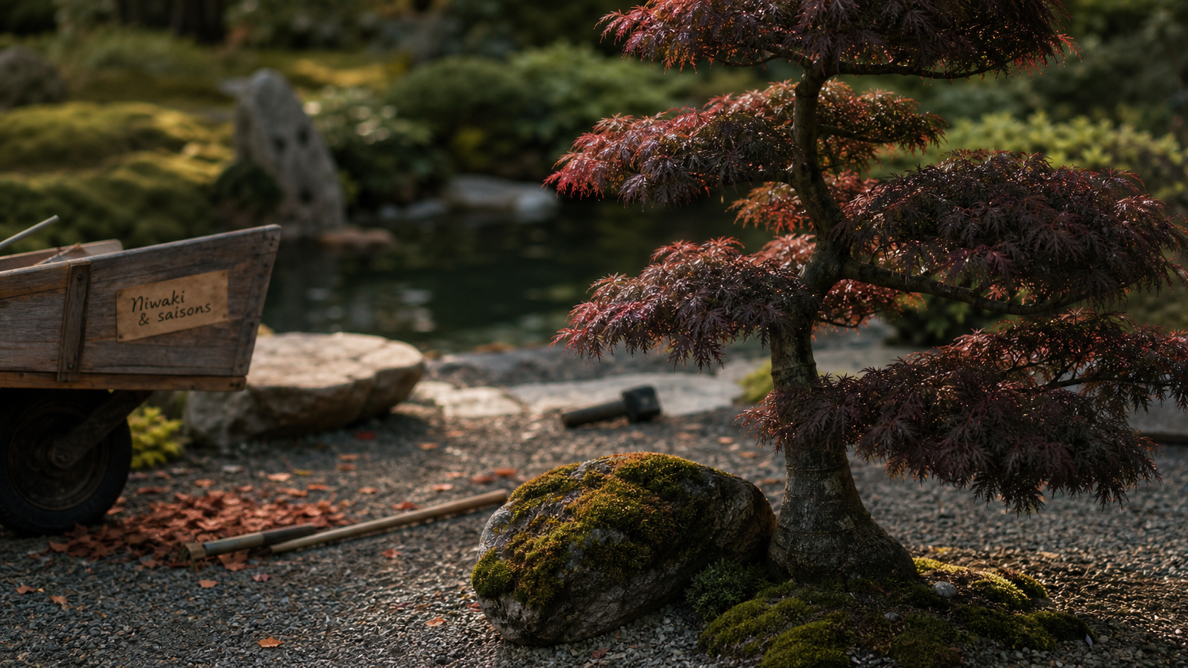 Arbres japonais niwaki en jardin zen, érable taillé