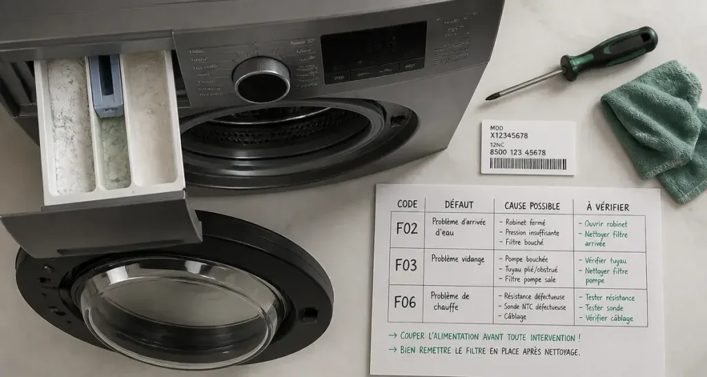 Code panne lave linge Whirlpool 6ème sens Fxx : diagnostic et solutions