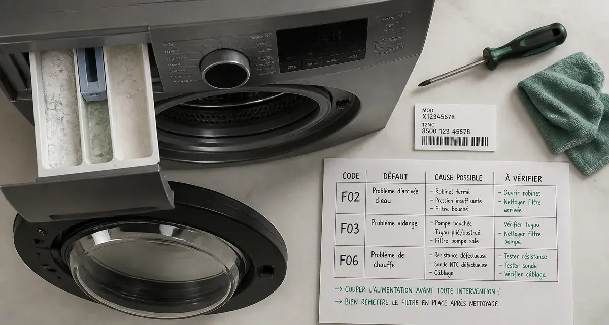 Code panne lave linge Whirlpool 6ème sens Fxx : diagnostic et solutions