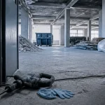 Curage batiment : dalle béton mise à nu, poutres et poteaux visibles