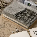 dalle en béton armé sectionnée et outils de chantier