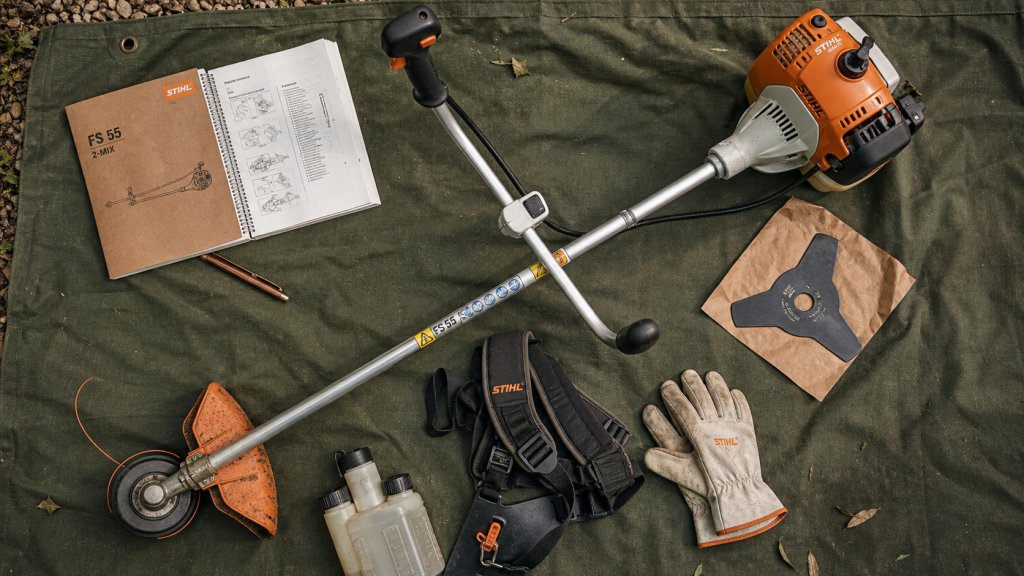 Débroussailleuse Stihl FS 55, tête à fil et lame métallique, test 27 cc
