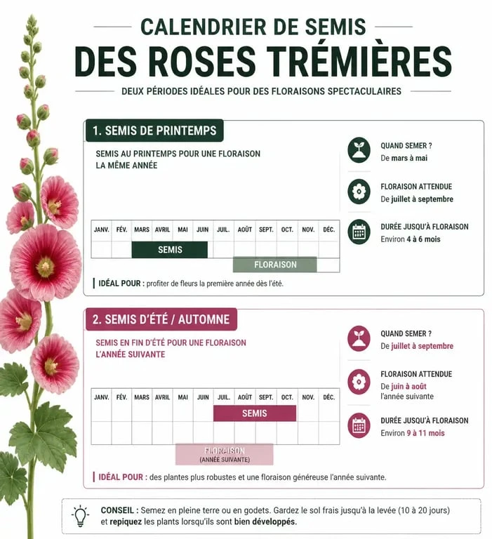 Calendrier de semis des roses trémières : périodes idéales pour semer au printemps et en automne