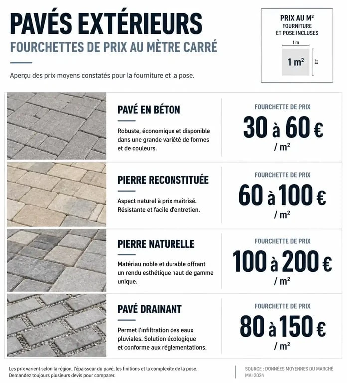 Tableau comparatif des prix au m2 pour la pose de pavés selon le matériau utilisé