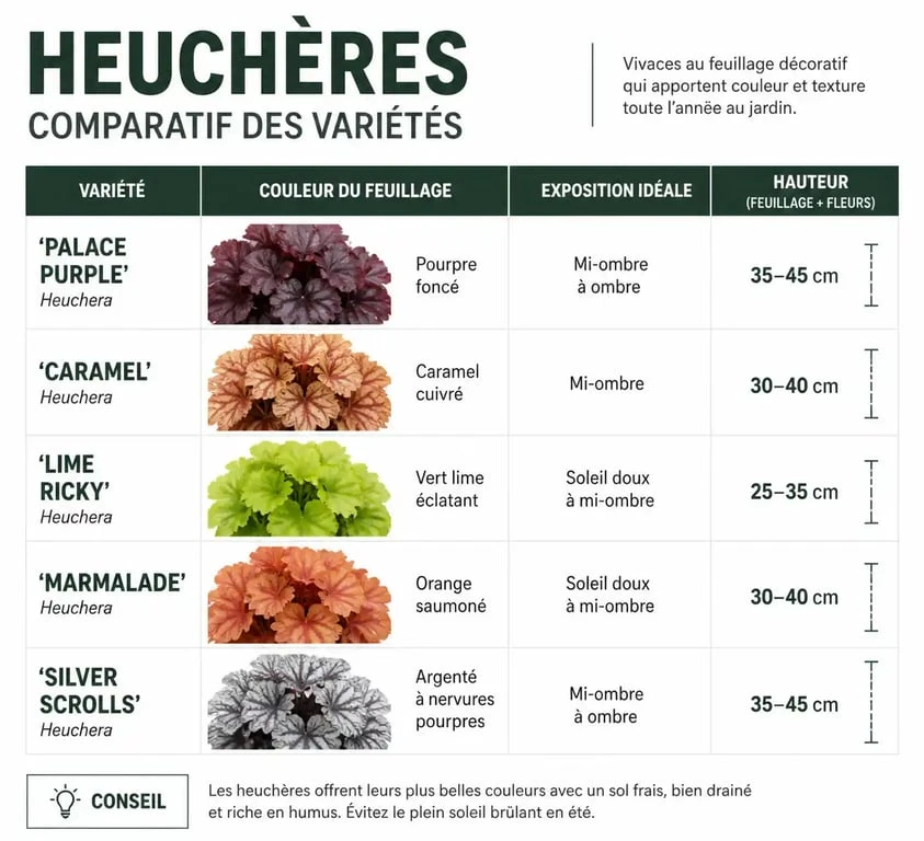 Tableau comparatif des plus belles heuchères pour le jardin