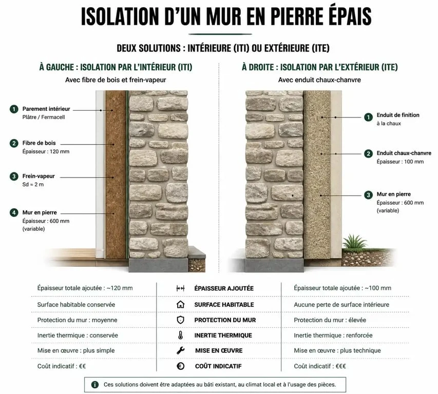 Schéma comparatif de l'isolation par l'intérieur et par l'extérieur d'un mur en pierre