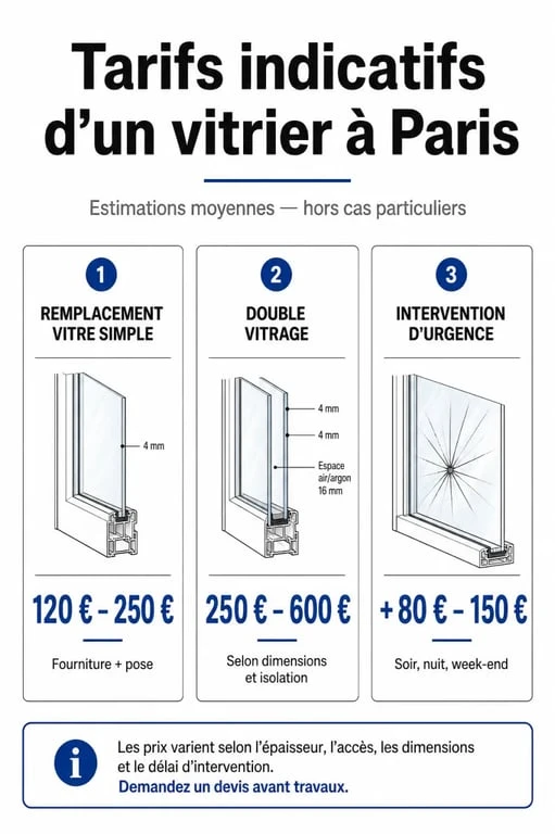 Tarifs indicatifs d'un vitrier artisan à Paris pour un remplacement de vitre ou une urgence