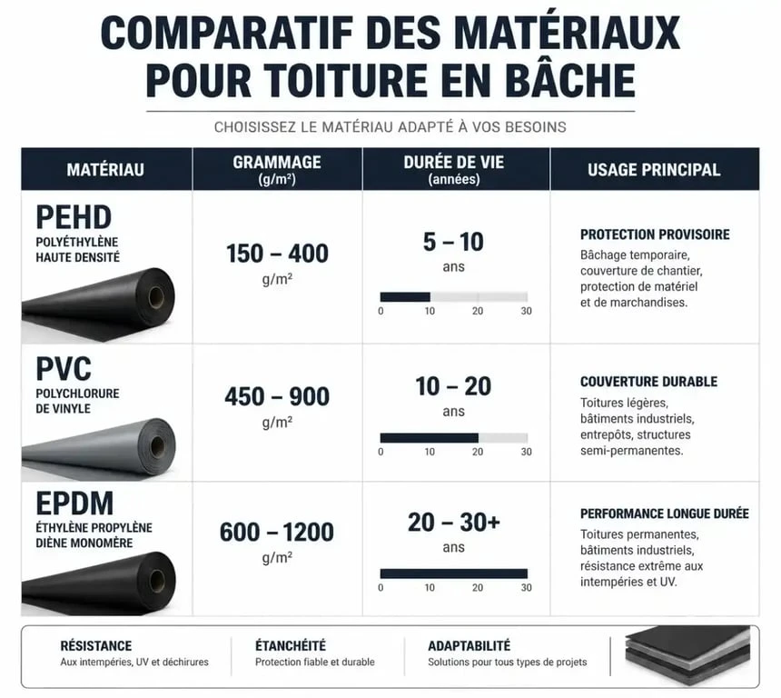 Comparatif des matériaux pour toiture en bâche : PEHD, PVC et EPDM
