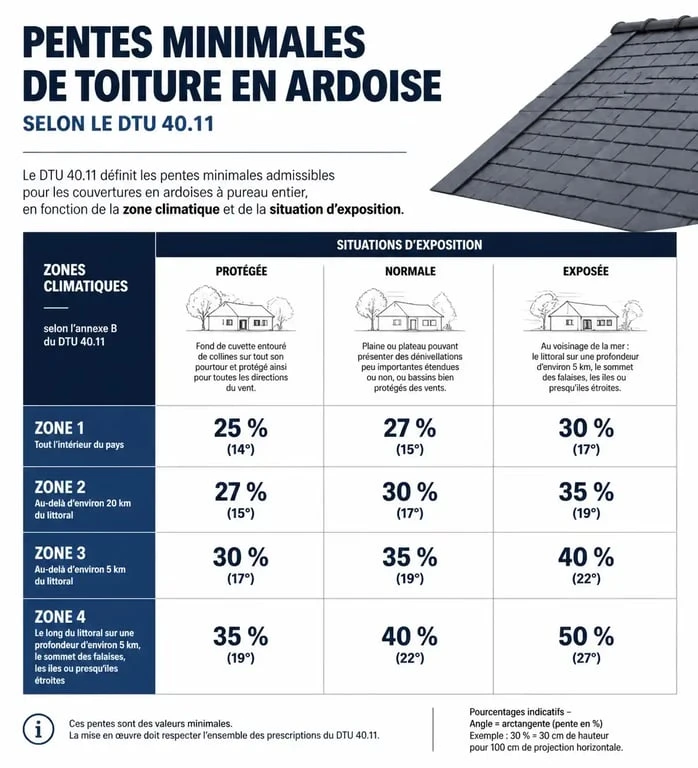 Infographie des pentes minimales pour toiture en ardoise selon le DTU 40.11