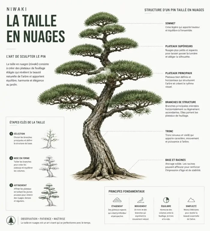 Schéma explicatif de la taille en nuages (niwaki) pour arbres japonais dans un jardin zen