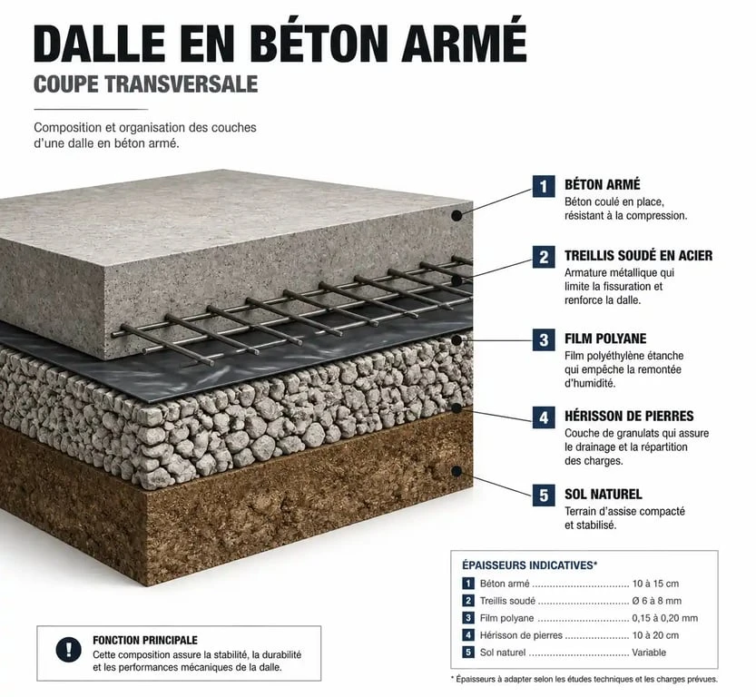 Coupe transversale d'une dalle en béton armé montrant les couches techniques