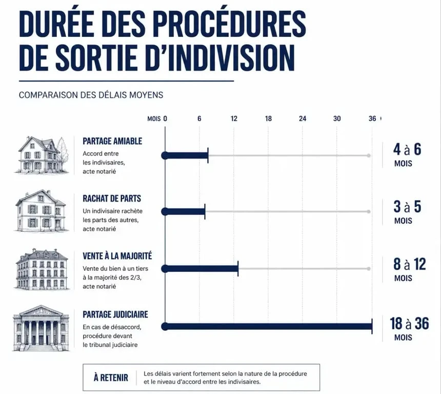 Délais moyens pour sortir de l'indivision selon la procédure choisie