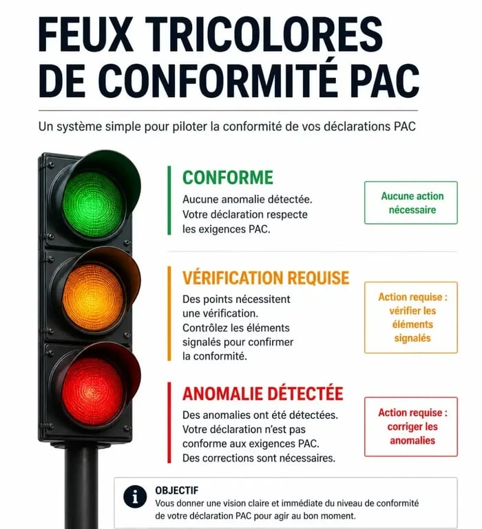 Infographie explicative du système de feux de conformité pour savoir si une parcelle est déclarée à la PAC