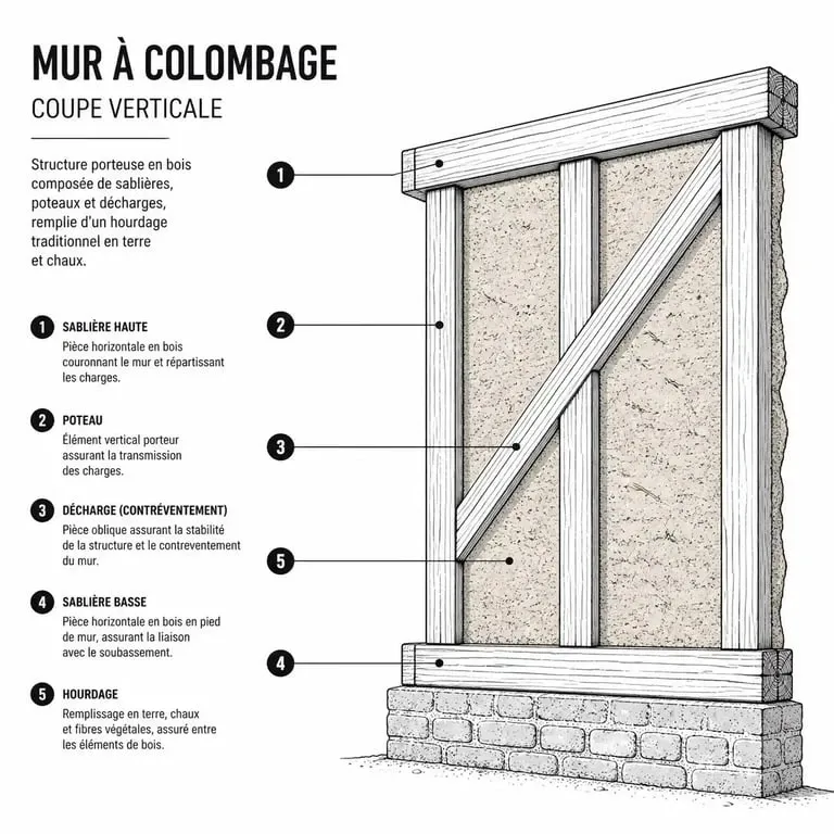 Schéma technique d'un mur à colombage montrant l'ossature bois et le hourdage