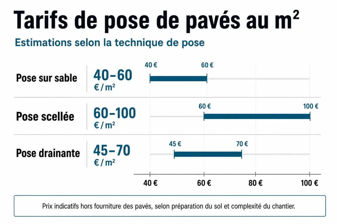 Tableau comparatif des prix de pose de pavés au m2 sans fourniture selon la technique utilisée