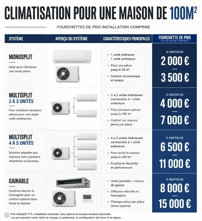 Infographie comparative des prix d'installation d'une climatisation pour maison de 100m2