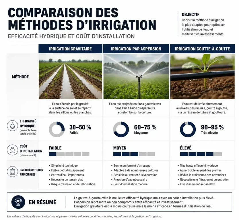 Comparatif des techniques d'irrigation : efficacité et coûts pour une gestion optimisée de l'eau.