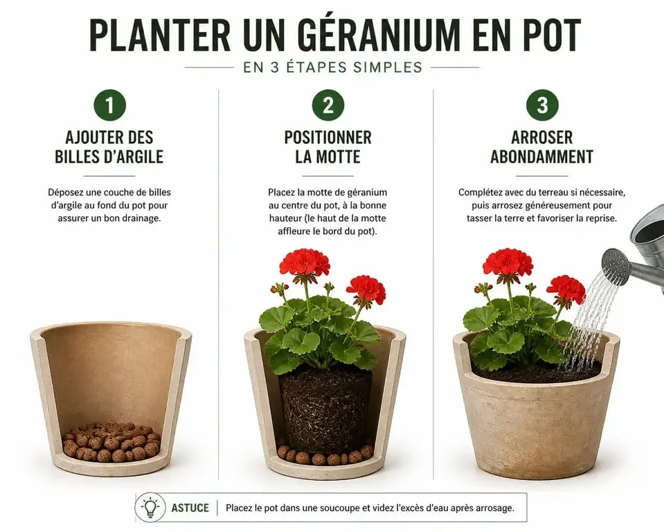 Étapes de plantation d'un géranium en pot pour réussir sa culture