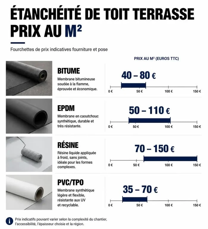 Comparatif des prix au m2 pour l'étanchéité d'un toit terrasse selon le matériau