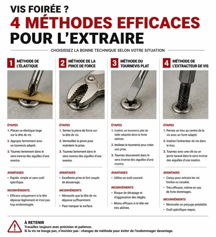Infographie des méthodes pour réparer un pas de vis foiré
