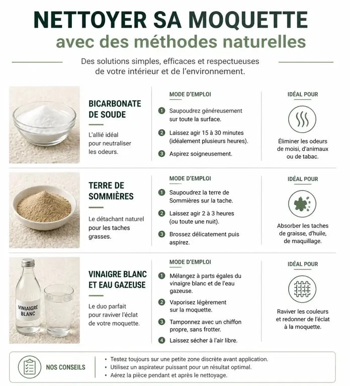 Infographie des méthodes naturelles pour nettoyer une moquette efficacement