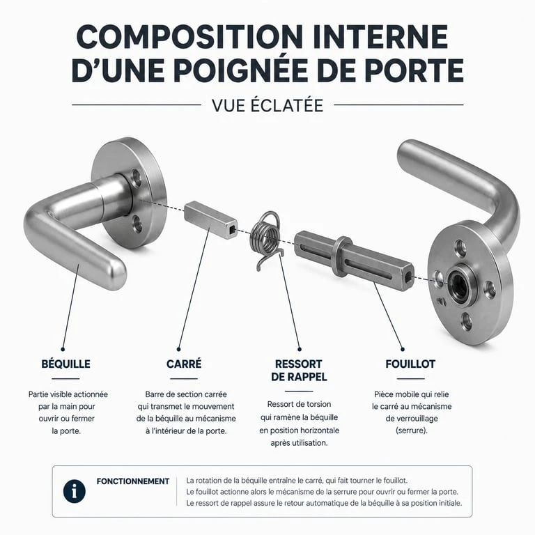 Schéma du mécanisme interne d'une poignée de porte avec béquille et ressort