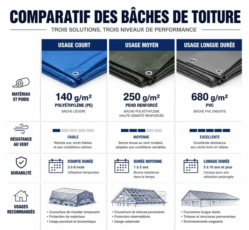 Comparatif des types de bâche pour toiture selon le grammage et la résistance