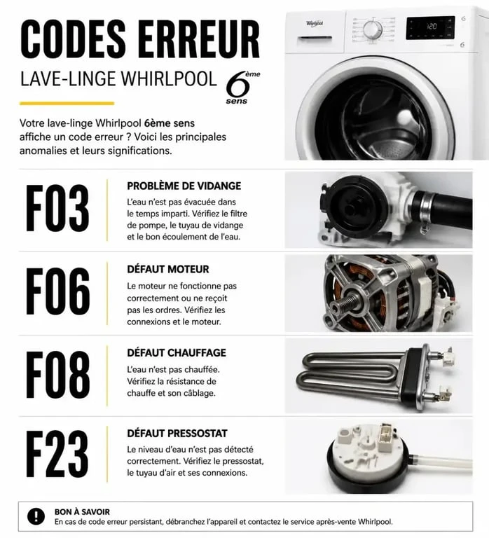 Infographie des codes erreur lave-linge Whirlpool 6ème sens et solutions de dépannage