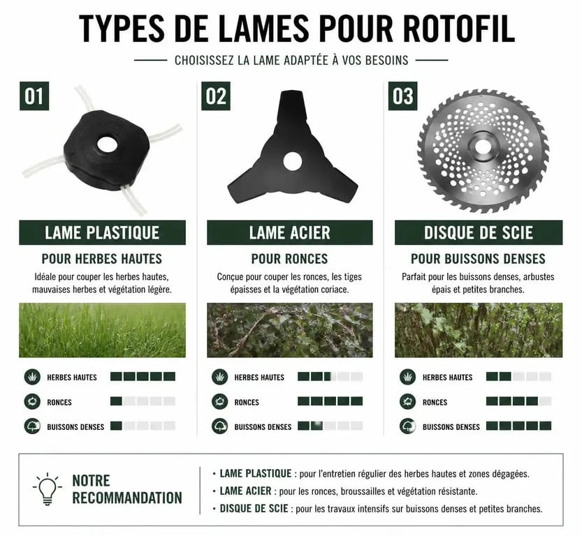 Comparatif des lames pour rotofil à lame : plastique, métal et disque de scie pour choisir l'outil adapté