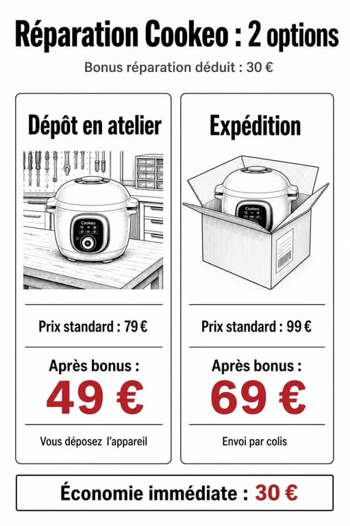 Tableau comparatif des coûts de réparation d'un Cookeo avec et sans bonus réparation