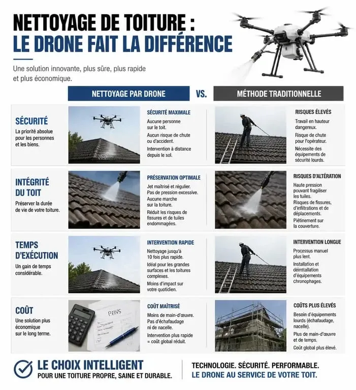 Infographie comparative nettoyage toiture par drone vs méthode traditionnelle