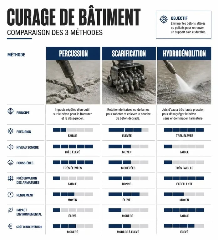 Infographie comparative des méthodes de curage de bâtiment : percussion, scarification et hydrodémolition
