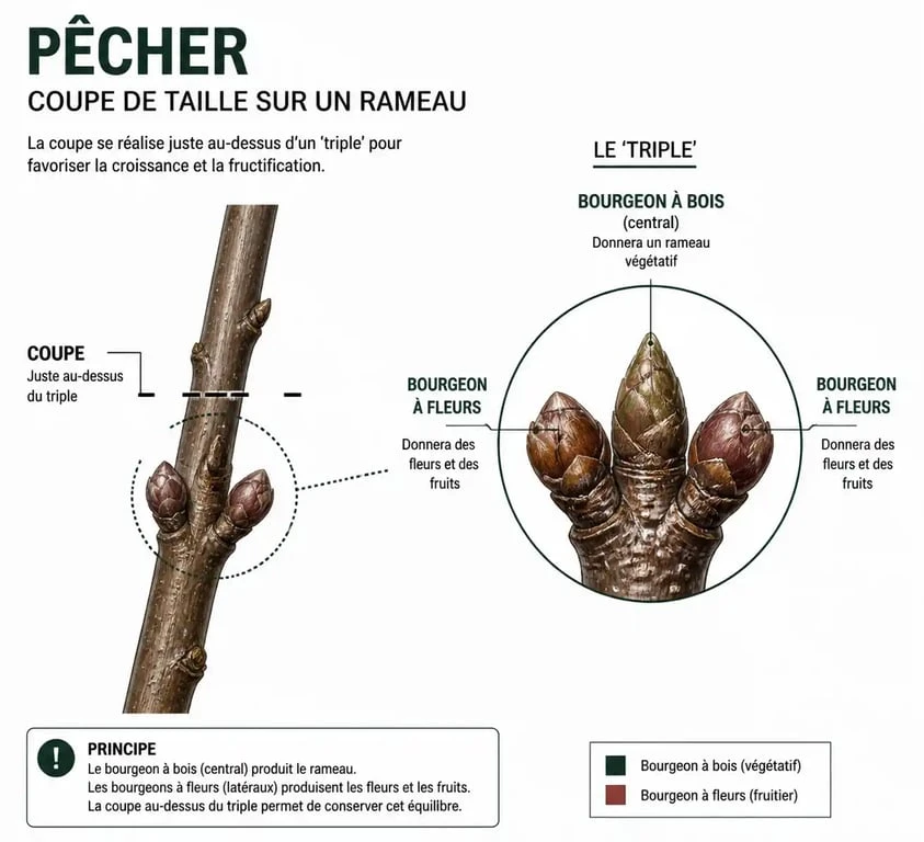 Schéma explicatif du triple bourgeon pour savoir quand tailler un pêcher