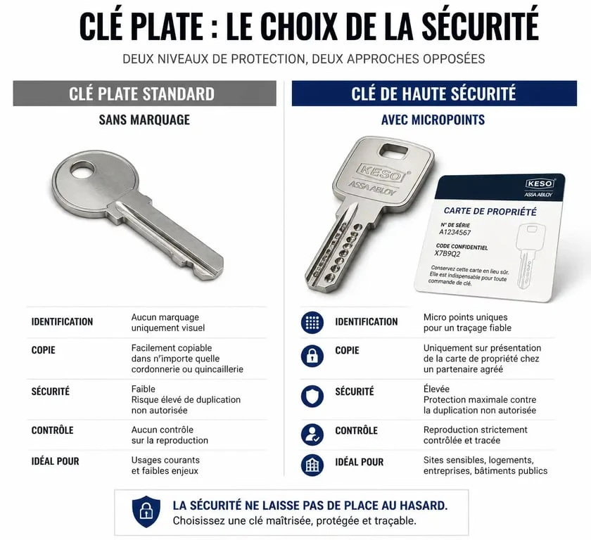 Différence entre une clé plate standard et une clé protégée avec carte de propriété pour faire un double de clé