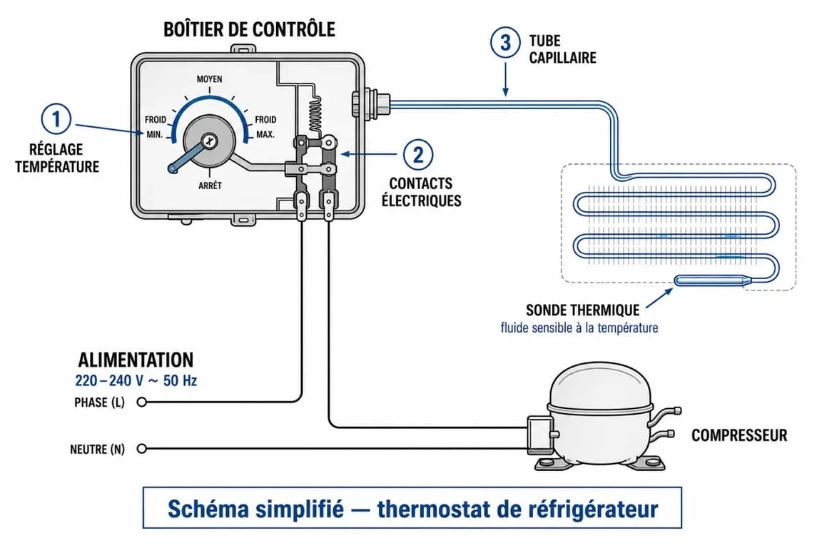 Schéma de fonctionnement d'un thermostat de frigo avec tube capillaire et sonde